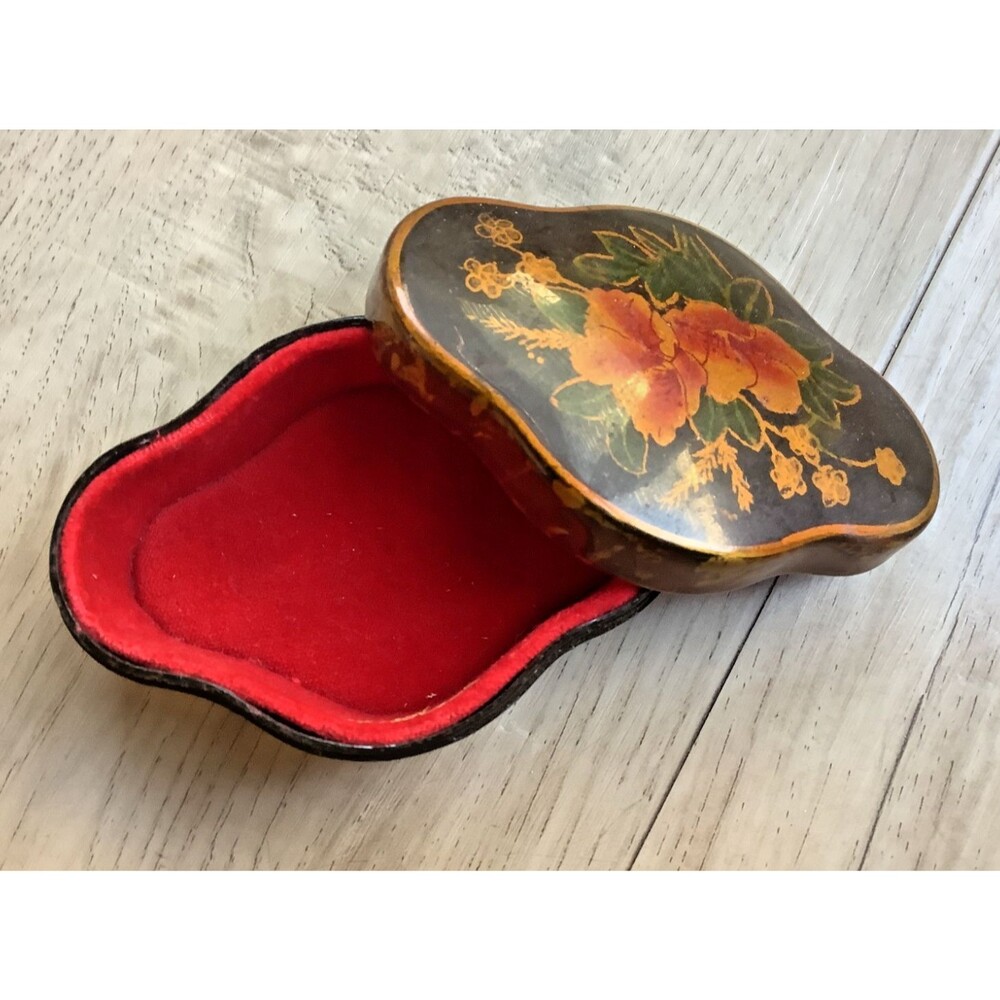 Vintage Black Lacquer Trinket Box Floral Jewelry Box with Red Velvet Lining